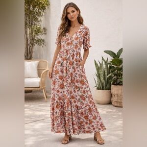 Knox Rose Women’s Floral Boho Maxi Dress Size XL Button Front Short Sleeve